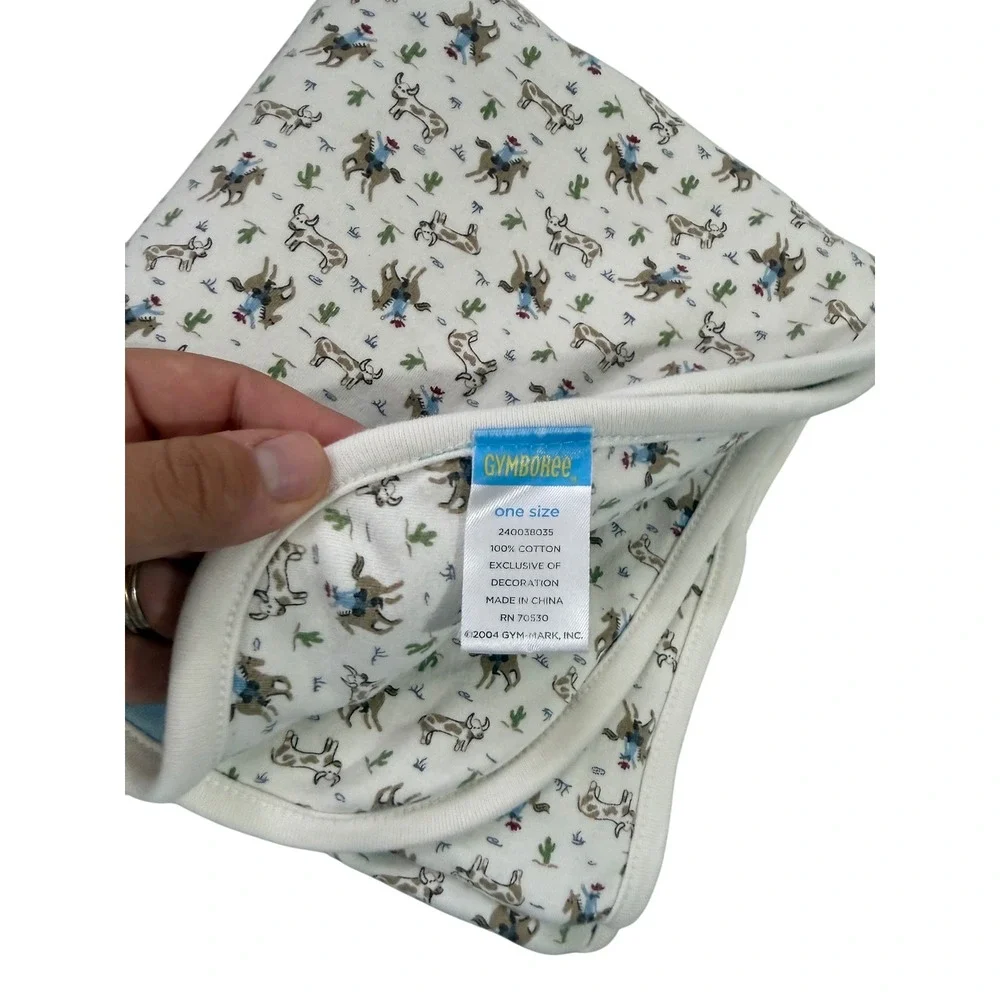 Vintage 2004 Gymboree Cowboy Western Reversible Baby Blanket Blue Cotton 35x31